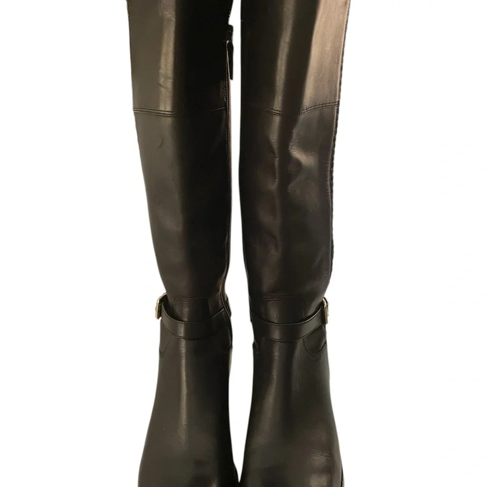 Cole Haan Tall Galina Leather Boots SZ 8 Stretch Back Gold Buckle Chunky Heel